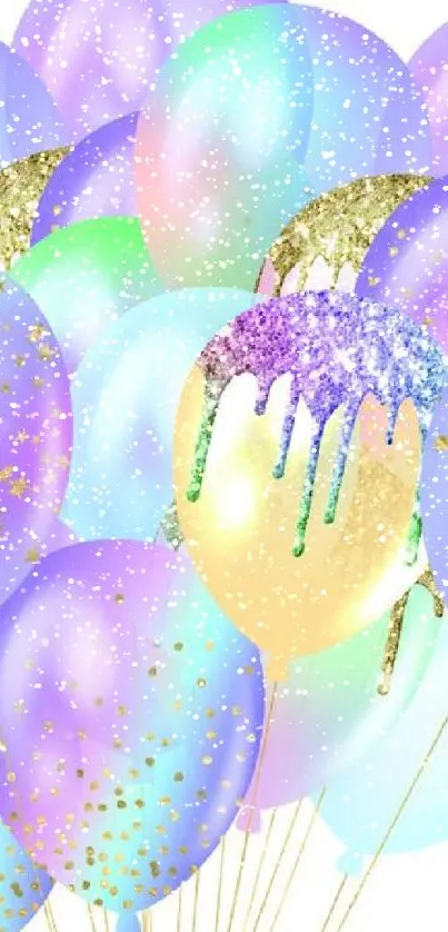 Colorful balloons with glitter accents create a festive mobile wallpaper.