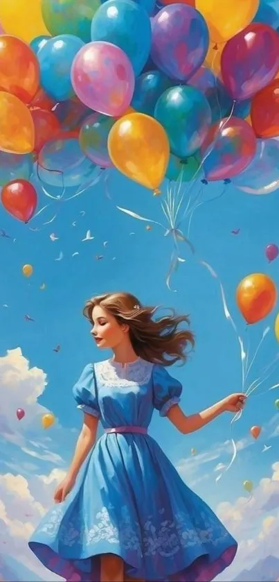 Girl in blue dress with colorful balloons under a clear sky.