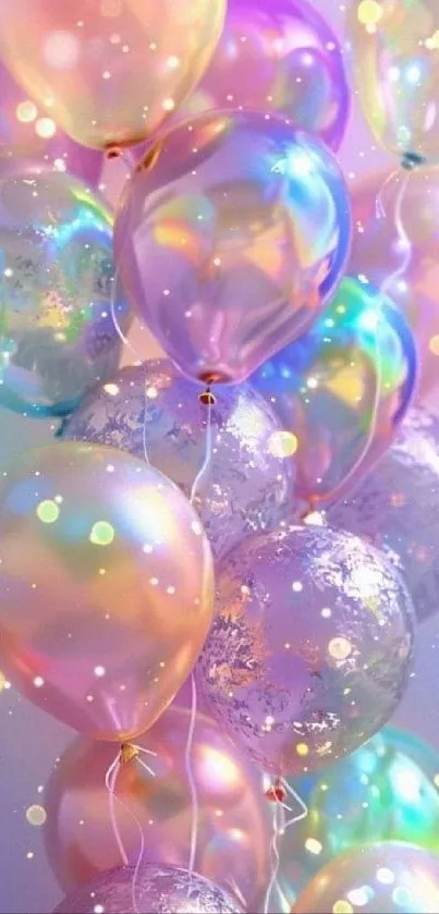 Colorful pastel balloons with sparkles, creating a whimsical fantasy scene.
