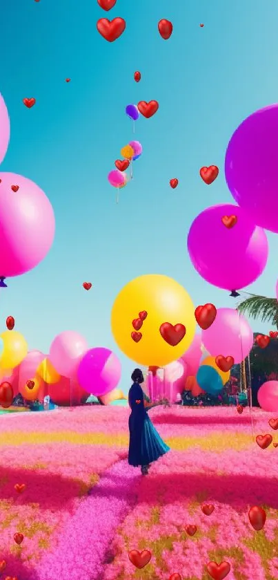 Vibrant field of balloons and pink flowers under a blue sky on mobile wallpaper.