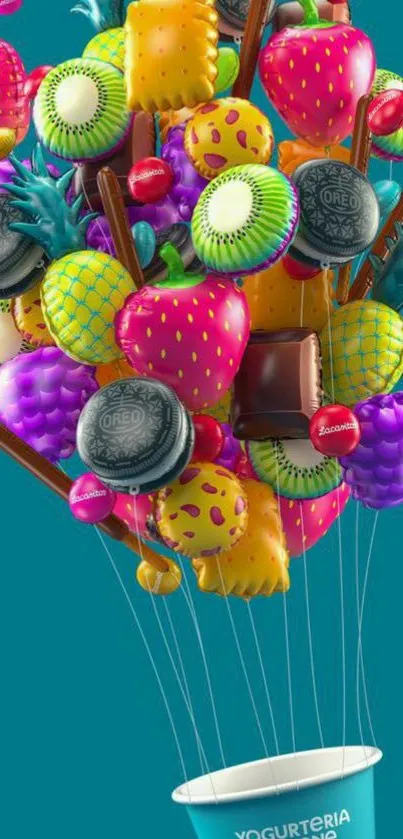 Vibrant hot air balloon made of colorful fruits for mobile wallpaper.