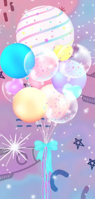 Colorful pastel balloons against a galaxy background with stars.