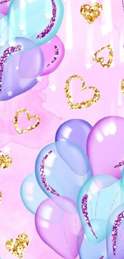 Pastel balloons and glitter hearts on pink wallpaper.