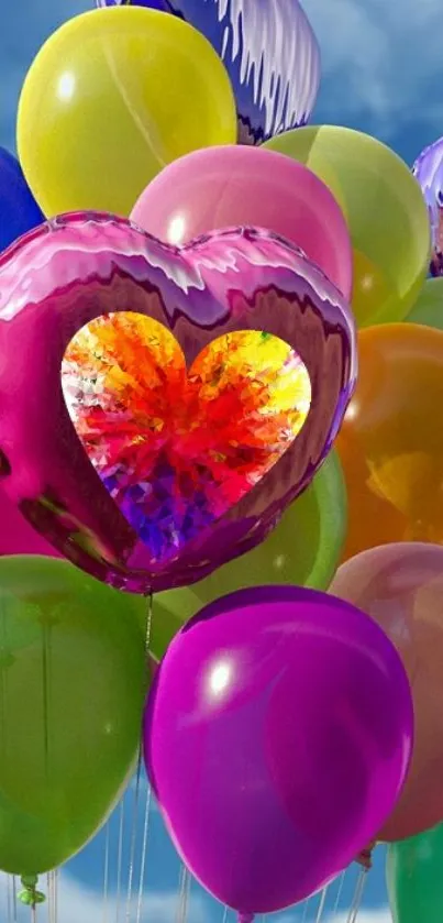 Colorful balloons with a heart design fill the sky.