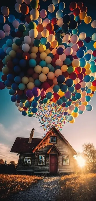 Mobile wallpaper of a house lifted by colorful balloons at sunset.