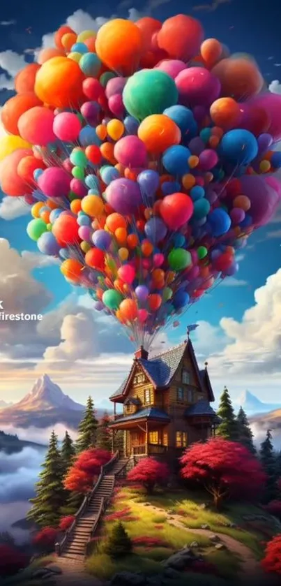 Whimsical house lifted by colorful balloons in a dreamy landscape with cloudy sky.