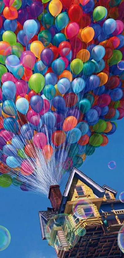 Whimsical house lifted by vibrant balloons.