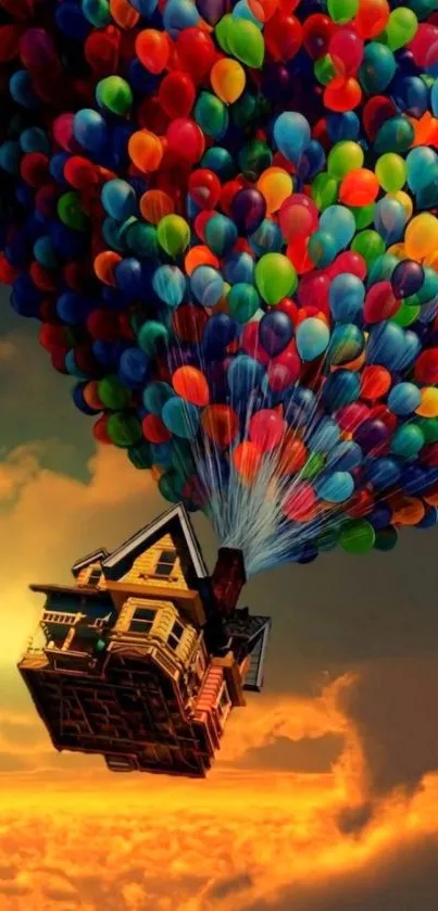 Colorful balloons lift a house in a vibrant sky wallpaper.