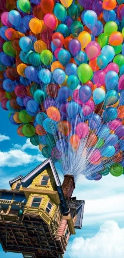 Whimsical house floating with colorful balloons in the sky.