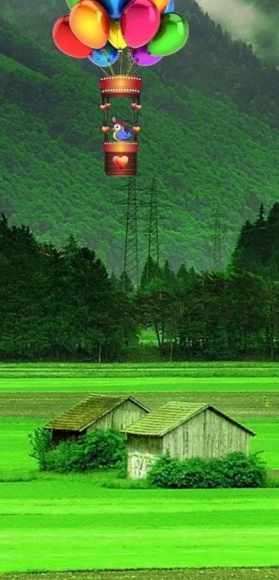 Vibrant hot air balloon over green fields and mountains mobile wallpaper.