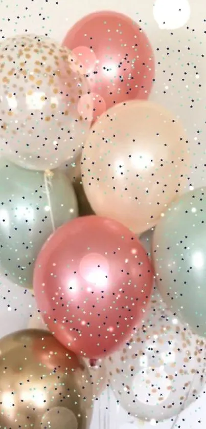 Colorful pastel and metallic balloons on a light background.