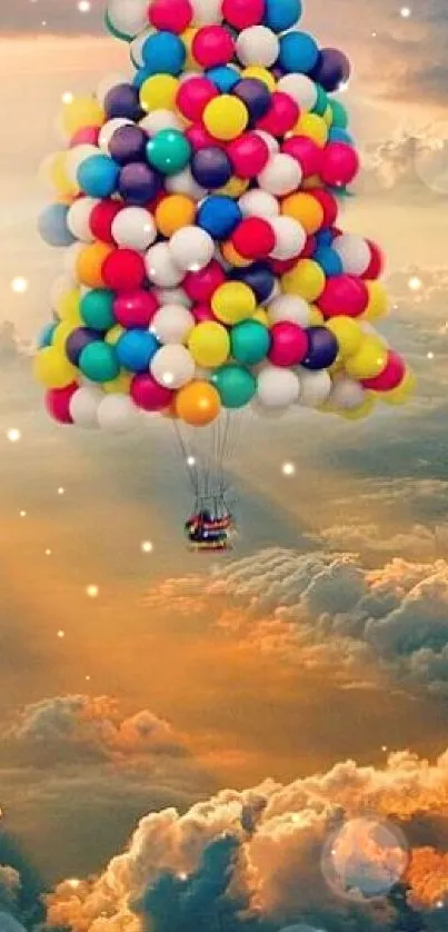 Colorful balloons floating among vibrant clouds at sunset.