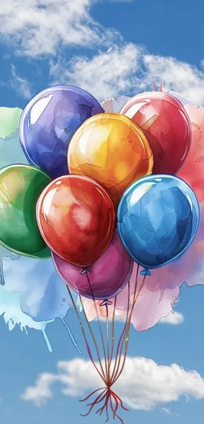 Colorful balloons against a vibrant blue sky with fluffy clouds.