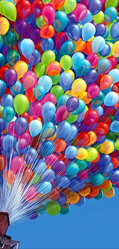 Colorful balloons ascend from a house into the sky in a vibrant scene.