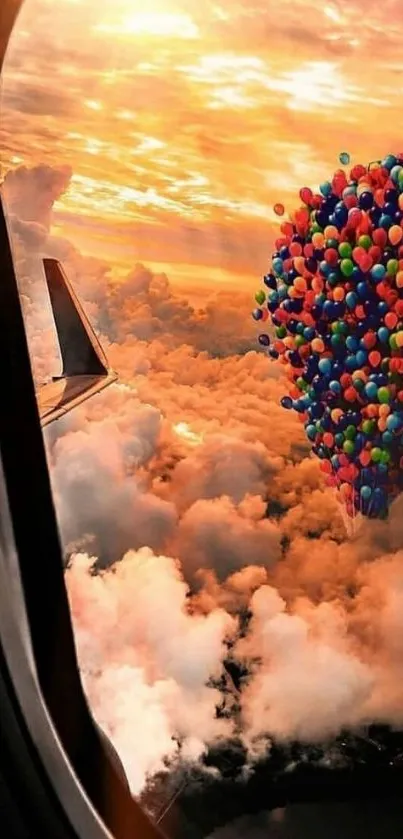 View of colorful balloons in the sky from airplane window during sunset.