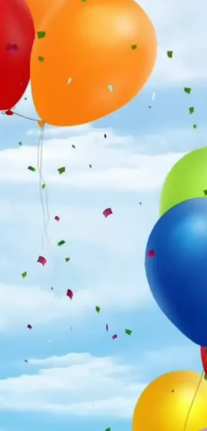 Colorful balloons floating against a bright blue sky background.