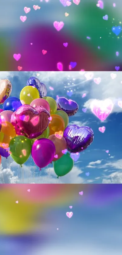 Colorful balloons and hearts floating in a bright blue sky wallpaper.