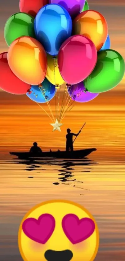 Colorful balloons float over a sunset lake with a heart-eye emoji.