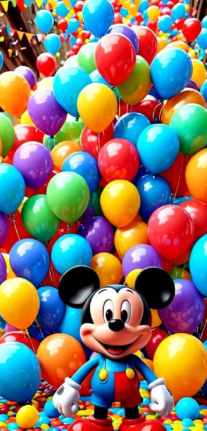 Colorful balloons with an iconic cartoon character in a festive setting.