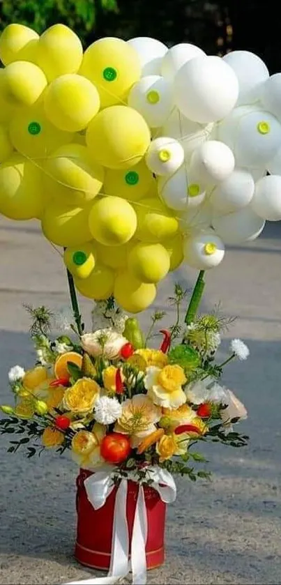 Vibrant wallpaper with yellow balloons and colorful flowers.