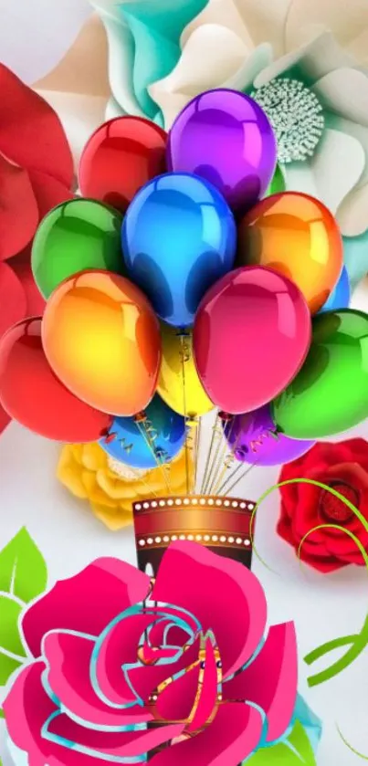 Colorful balloons with large decorative flowers on a mobile wallpaper.