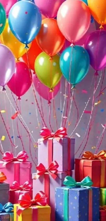 Colorful balloons and gift boxes wallpaper.