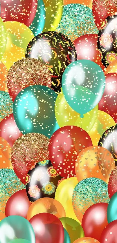 Colorful balloons and glitter wallpaper for celebrations.