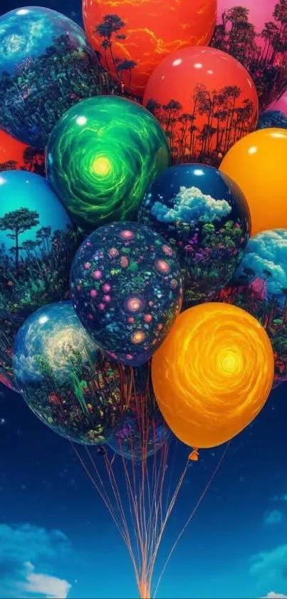 Vivid balloons with fantasy artwork in a night sky.