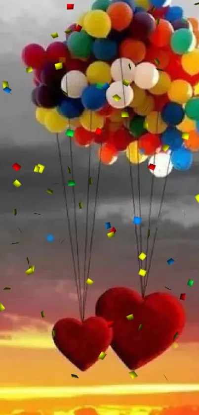 Floating heart balloons against sunset sky.