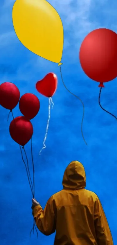 Person holding balloons under a blue sky in a vibrant scene.