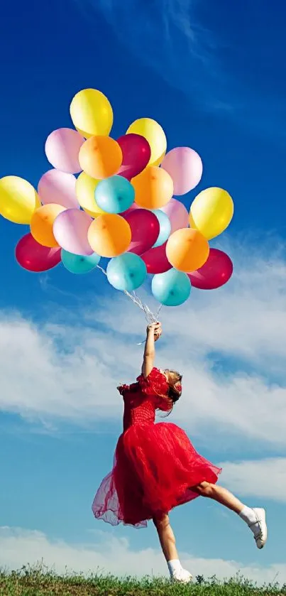 Person in red dress flying with colorful balloons against a blue sky.