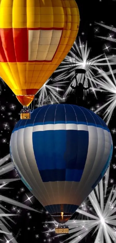 Hot air balloons with fireworks in the night sky wallpaper.