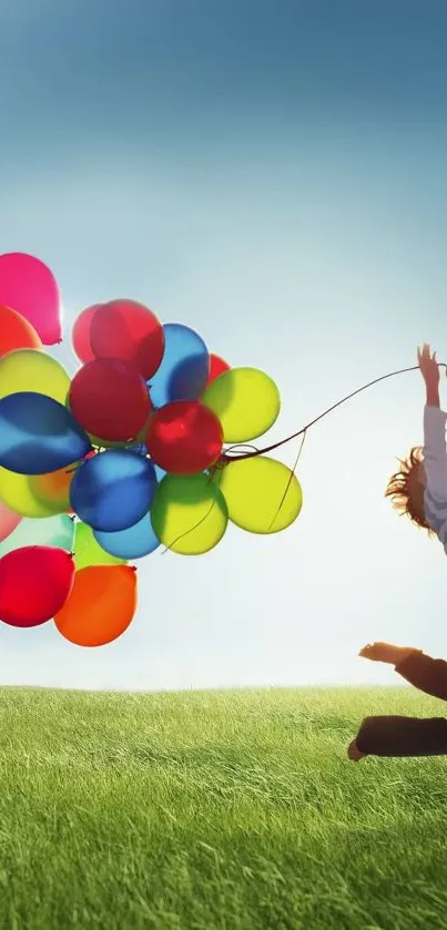 A child jumping with colorful balloons in a sunny green field.