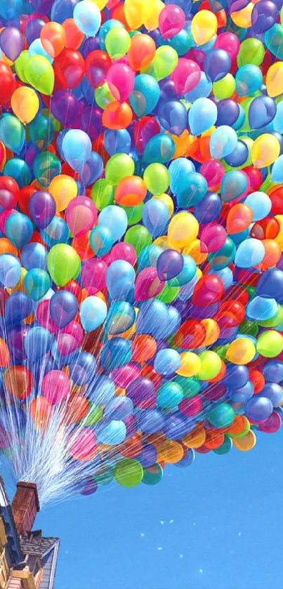 Colorful balloons lifting a house into a clear blue sky, creating a vibrant scene.