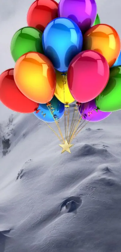 Vibrant balloons floating over snowy mountain landscape.