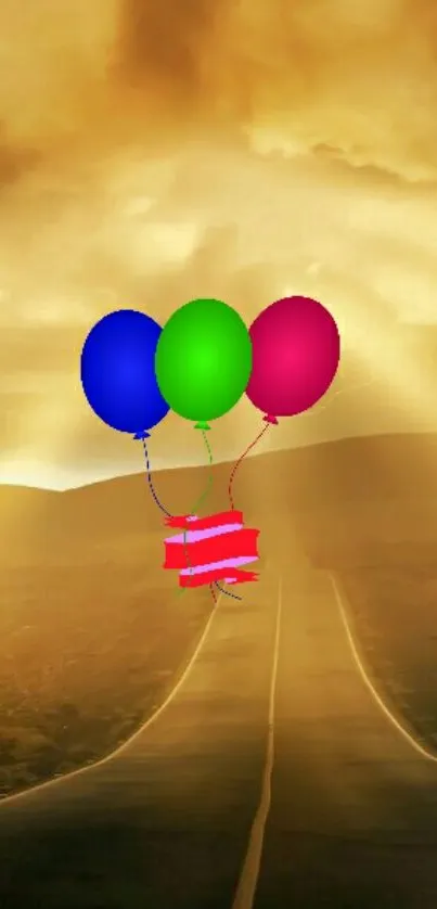 Vibrant balloons floating over a golden road leading into the horizon.