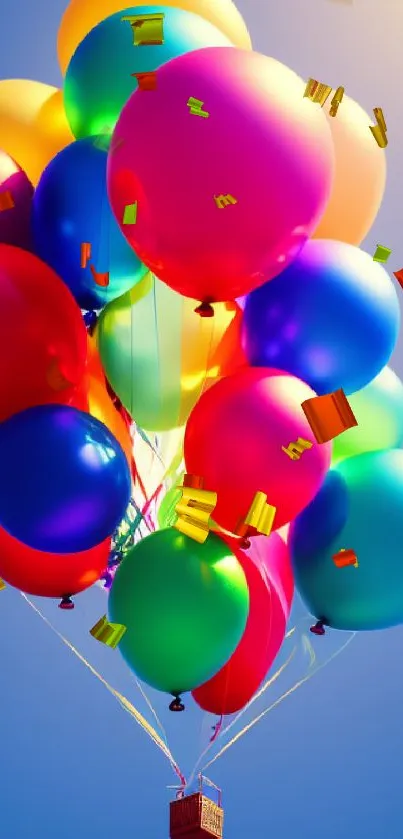 Colorful balloons floating in the blue sky, ideal for a vibrant mobile wallpaper.