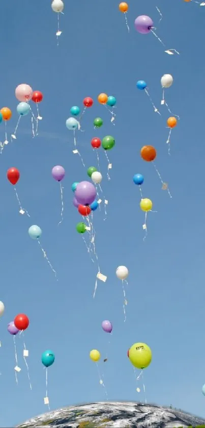 Colorful balloons floating up into a clear blue sky.