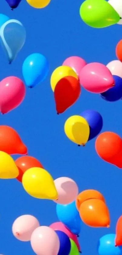 Colorful balloons floating in a blue sky, creating a vibrant and joyful mobile wallpaper.