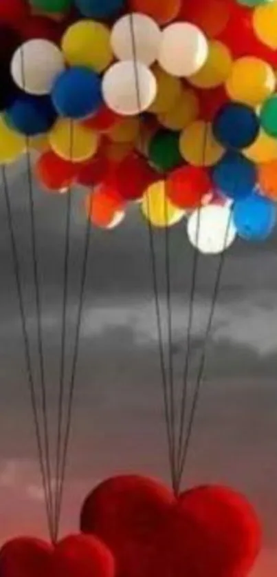 Colorful balloons with red hearts floating at sunset.