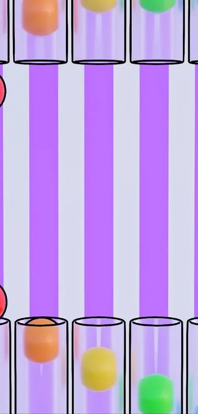 Colorful balls in glass tubes with purple stripes.