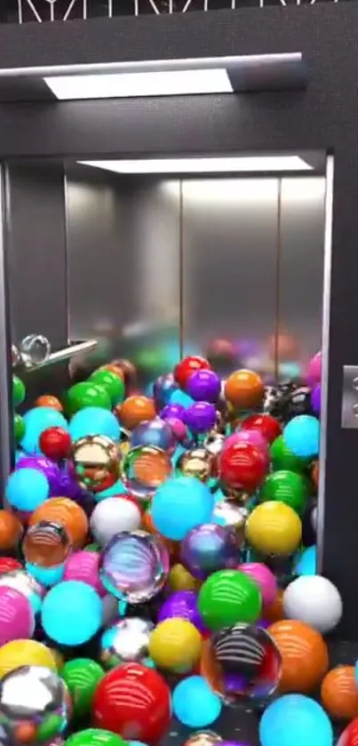 Elevator filled with colorful spheres and a fun design.