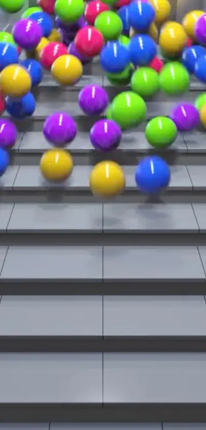 Colorful balls cascading down gray steps.