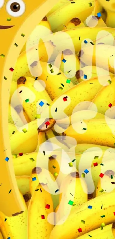 Funny banana wallpaper with smiling faces and vibrant confetti accents.