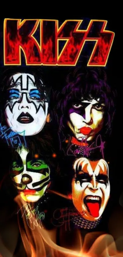 Iconic band faces with vibrant face paint on black background.