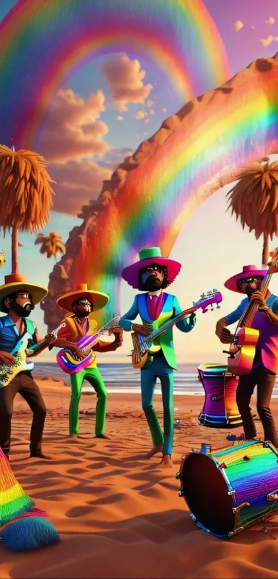 Colorful band playing music on a sunny beach with rainbows overhead.