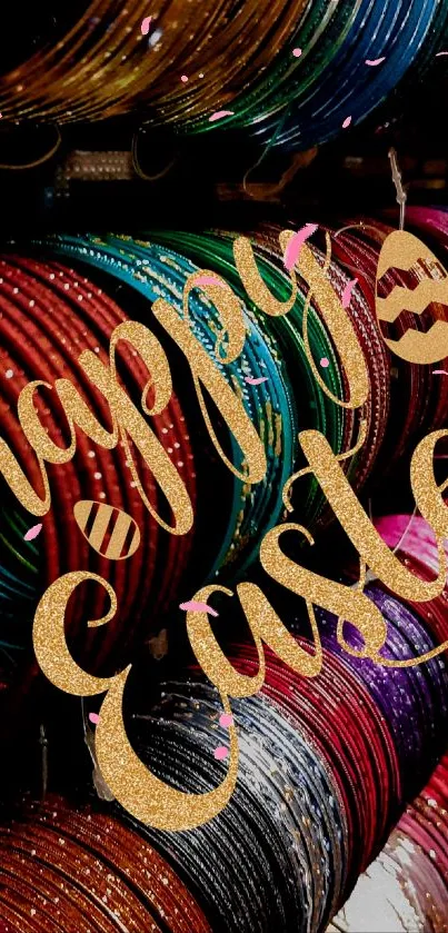 Colorful bangles with 'Happy Easter' in gold cursive text on a festive wallpaper.