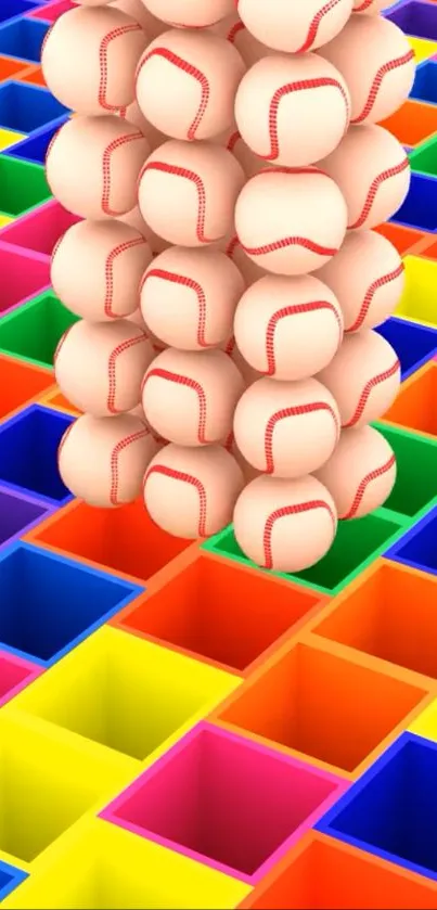 Stack of baseballs on colorful geometric grid.