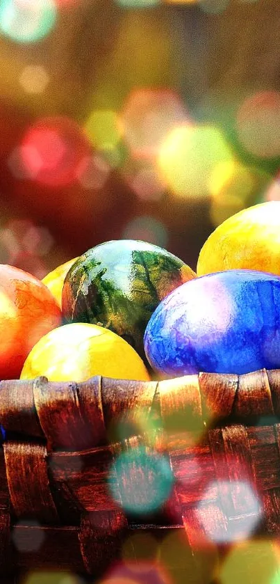 Vibrant Easter eggs in a woven brown basket with a blurred outdoor background.