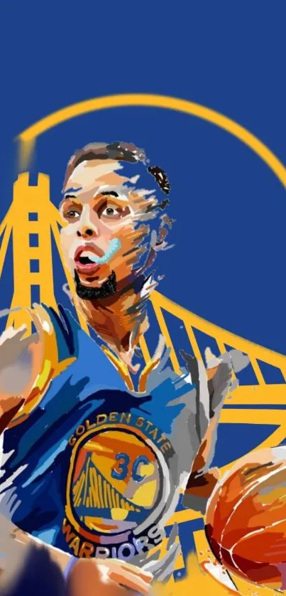 Artistic basketball player with vibrant colors and iconic bridge in the background.